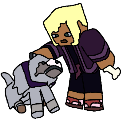 kai petting a tamed wolf with a purple collar and a bone in hand